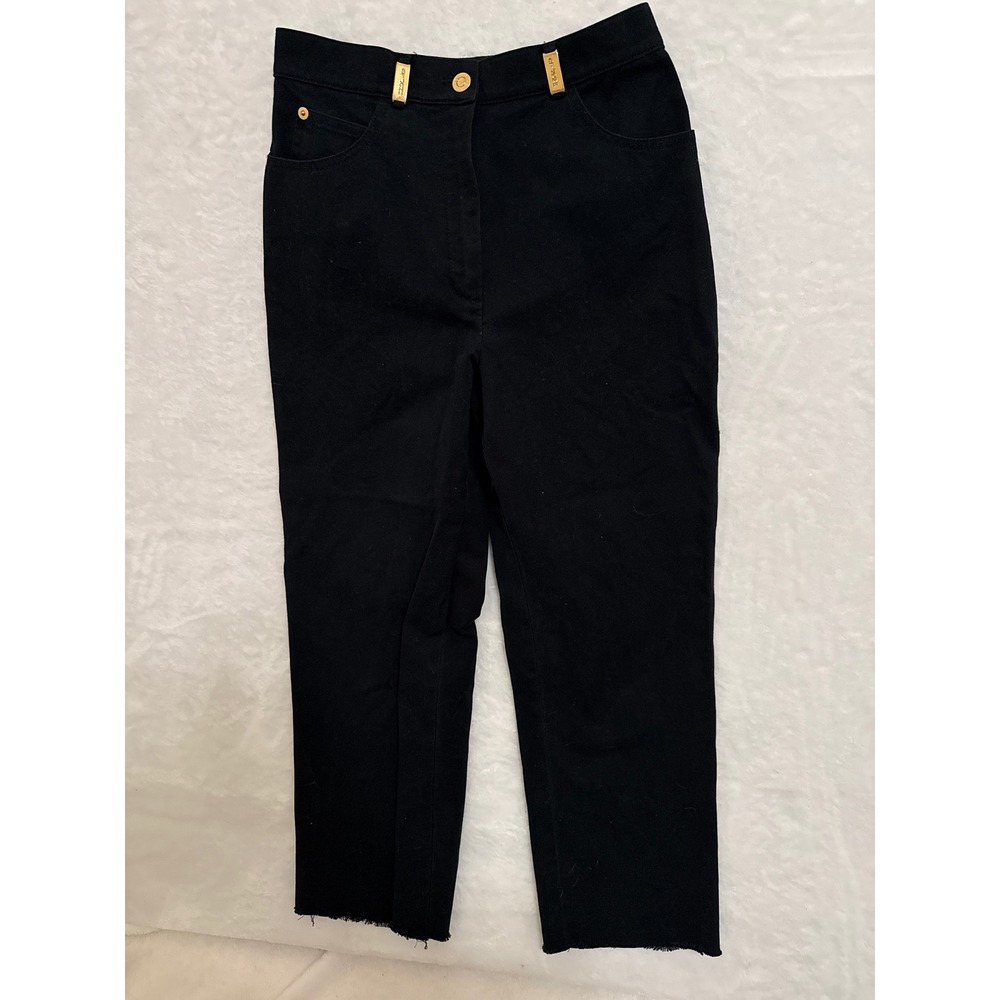 St John Sport Marie Gray Black High Rise Straight Leg Pants Gold Hardware Sz 2
